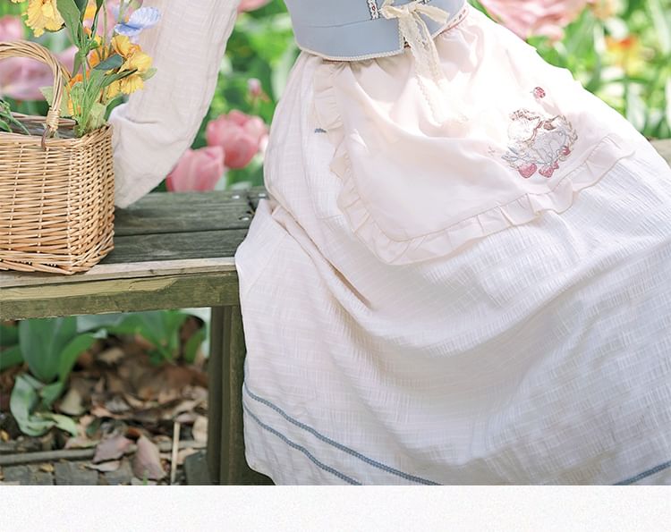 Mock Two-Piece Puff-Sleeve Square-Neck Ruffled Floral Embroidered Midi A-Line Dress / Embroidered Apron / Scarf / Set SpreePicky