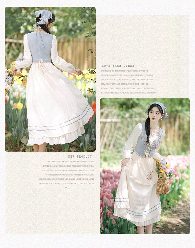 Mock Two-Piece Puff-Sleeve Square-Neck Ruffled Floral Embroidered Midi A-Line Dress / Embroidered Apron / Scarf / Set SpreePicky