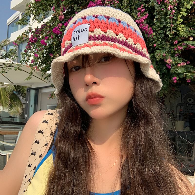 Lettering Applique Patterned Knit Bucket Hat SpreePicky