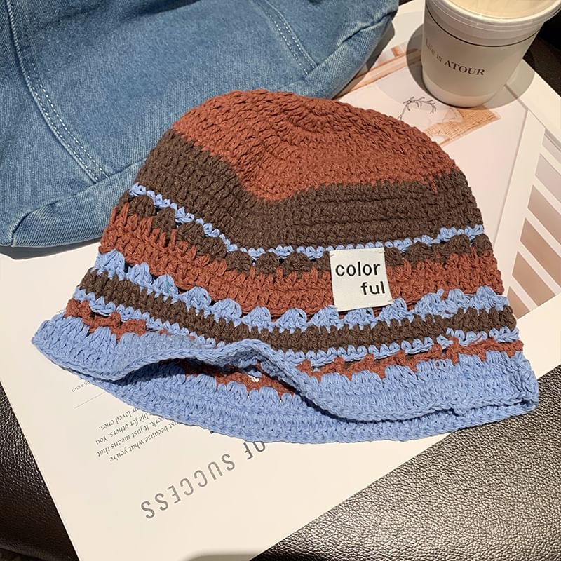 Lettering Applique Patterned Knit Bucket Hat SpreePicky