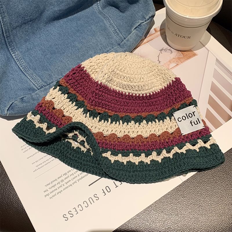 Lettering Applique Patterned Knit Bucket Hat SpreePicky