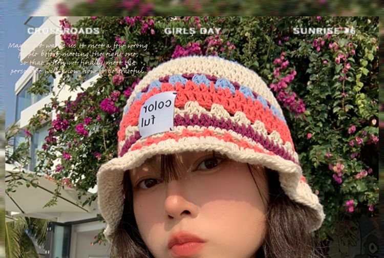 Lettering Applique Patterned Knit Bucket Hat SpreePicky