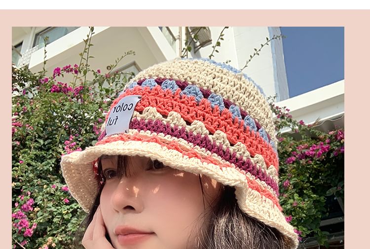 Lettering Applique Patterned Knit Bucket Hat SpreePicky