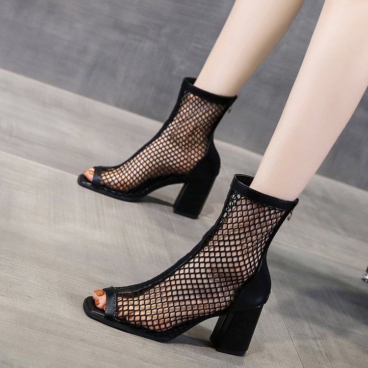 Block Heel Fishnet Short Boots mySite