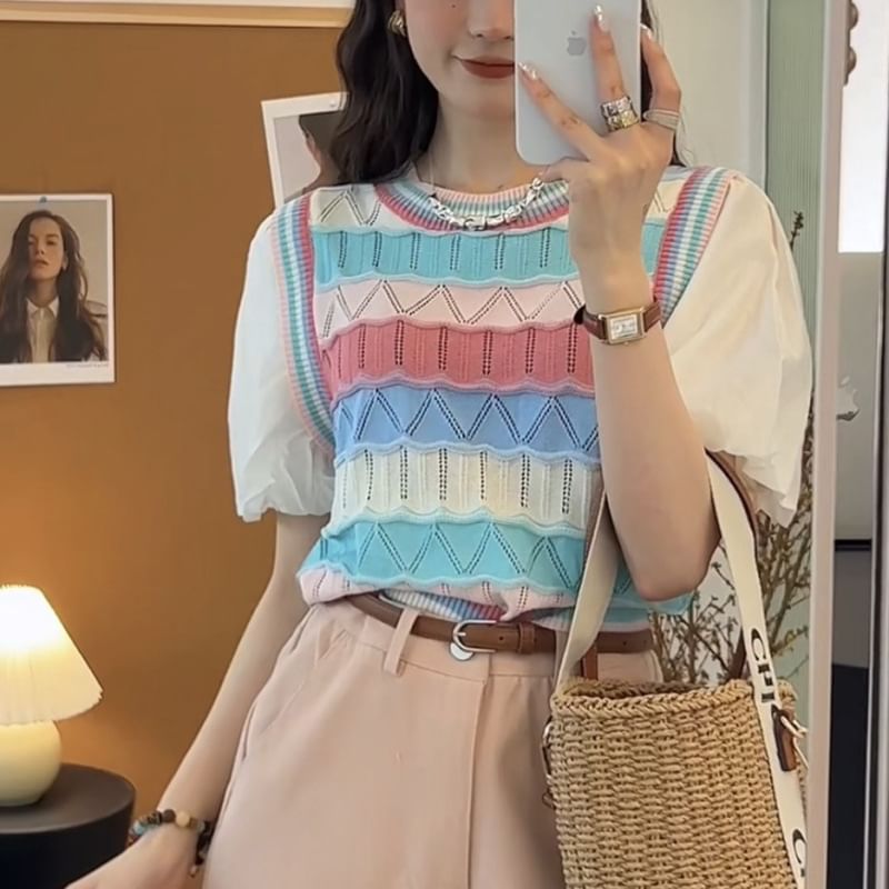 Mock Two-Piece Short-Sleeve Crewneck Striped Knit Top SpreePicky