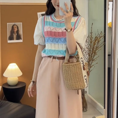 Mock Two-Piece Short-Sleeve Crewneck Striped Knit Top SpreePicky