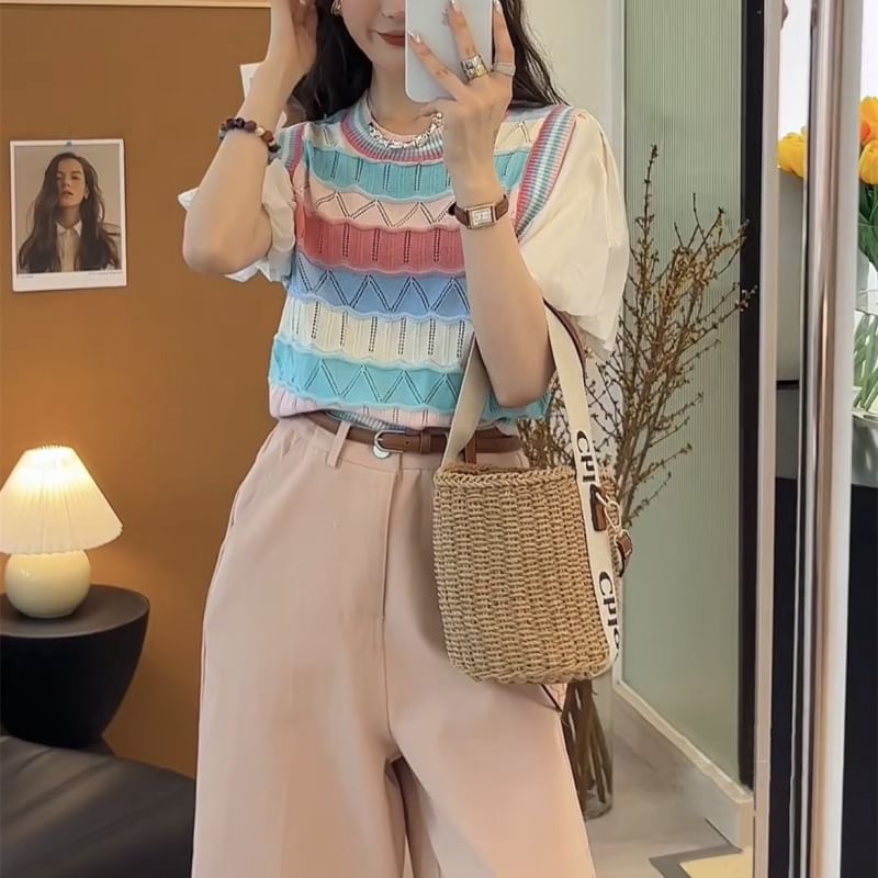 Mock Two-Piece Short-Sleeve Crewneck Striped Knit Top SpreePicky