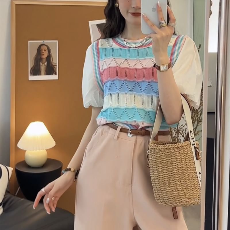 Mock Two-Piece Short-Sleeve Crewneck Striped Knit Top SpreePicky