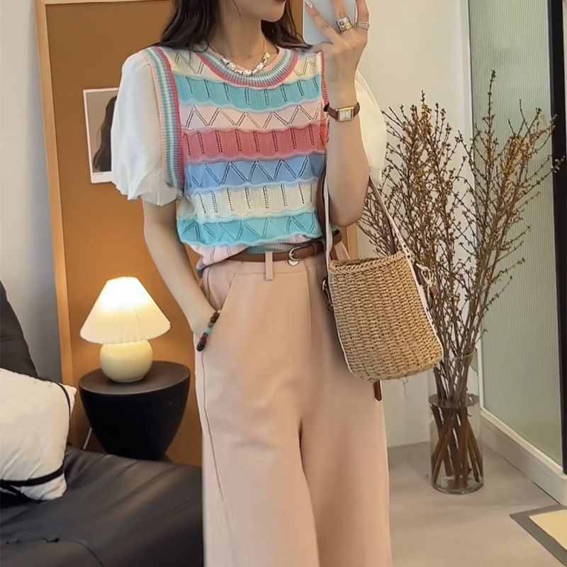 Mock Two-Piece Short-Sleeve Crewneck Striped Knit Top SpreePicky