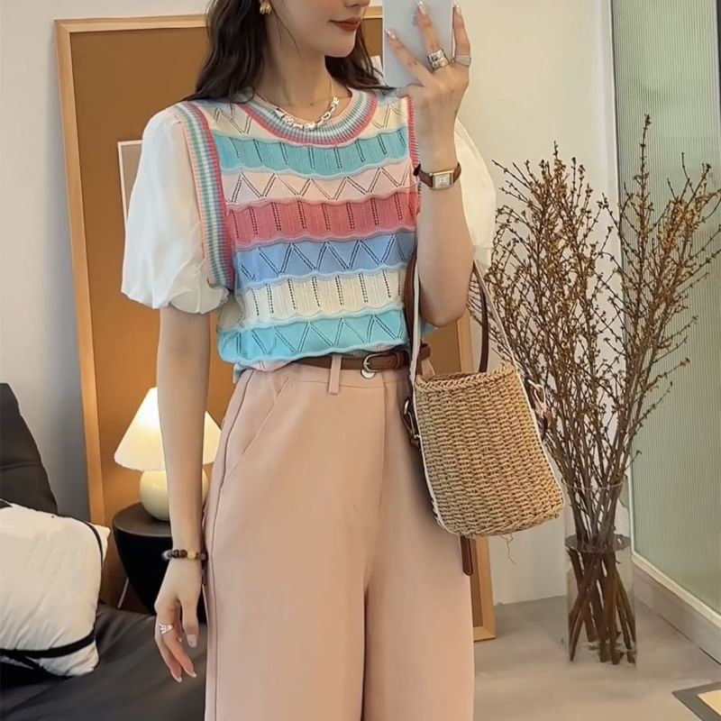 Mock Two-Piece Short-Sleeve Crewneck Striped Knit Top SpreePicky