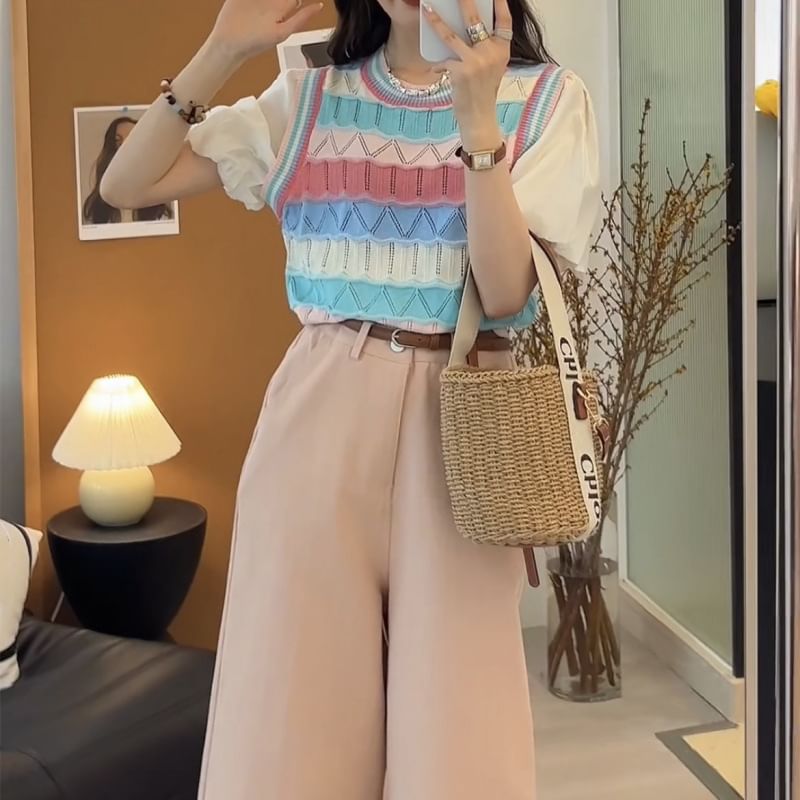 Mock Two-Piece Short-Sleeve Crewneck Striped Knit Top SpreePicky