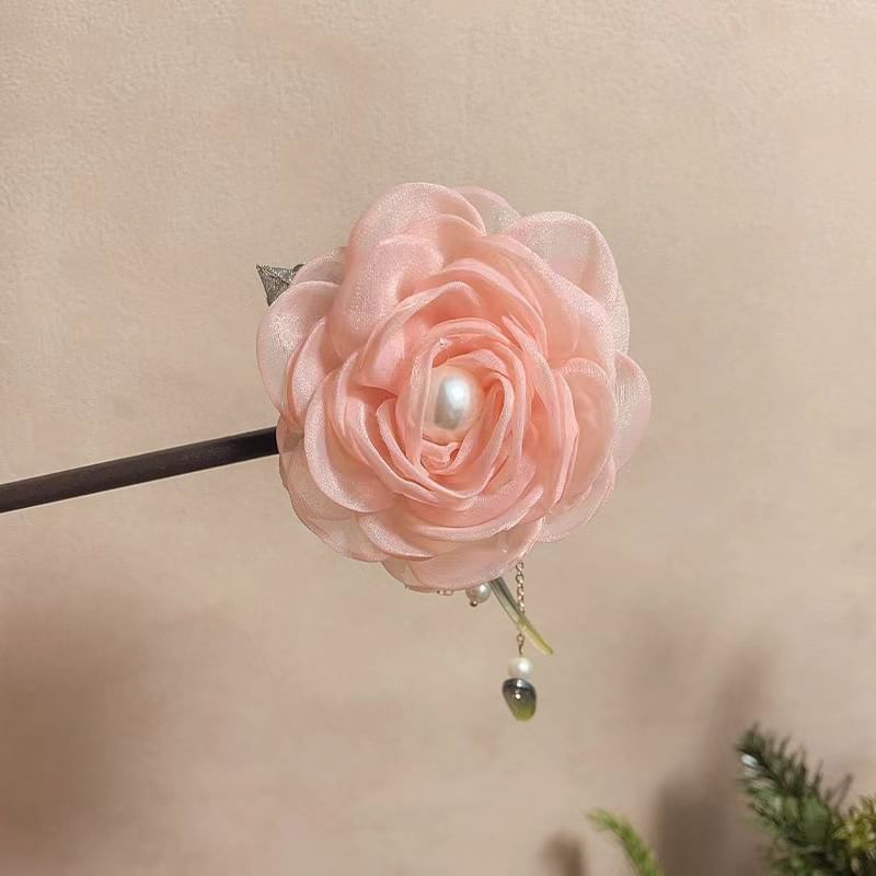 Floral Fabric Faux Pearl Wooden Hair Stick SpreePicky