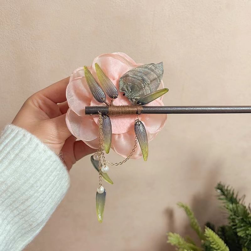 Floral Fabric Faux Pearl Wooden Hair Stick SpreePicky