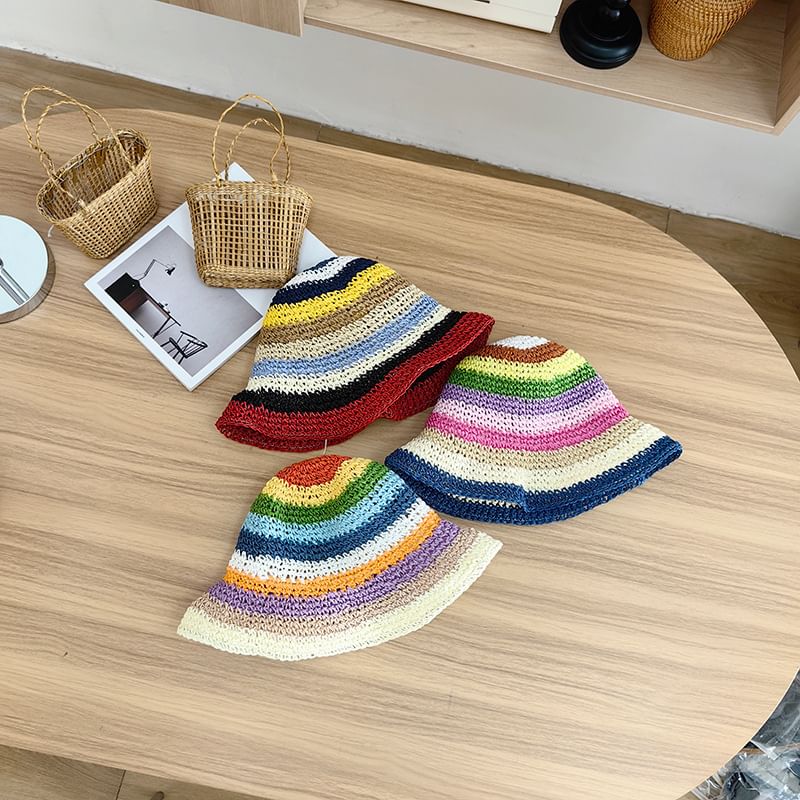 Striped Straw Bucket Hat SpreePicky