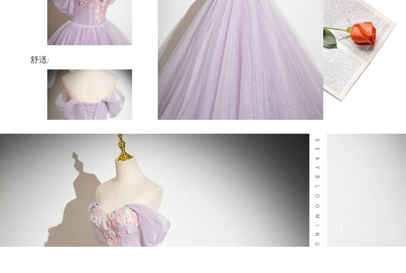 Off-Shoulder Glitter Flower Detail A-Line Ball Gown SpreePicky