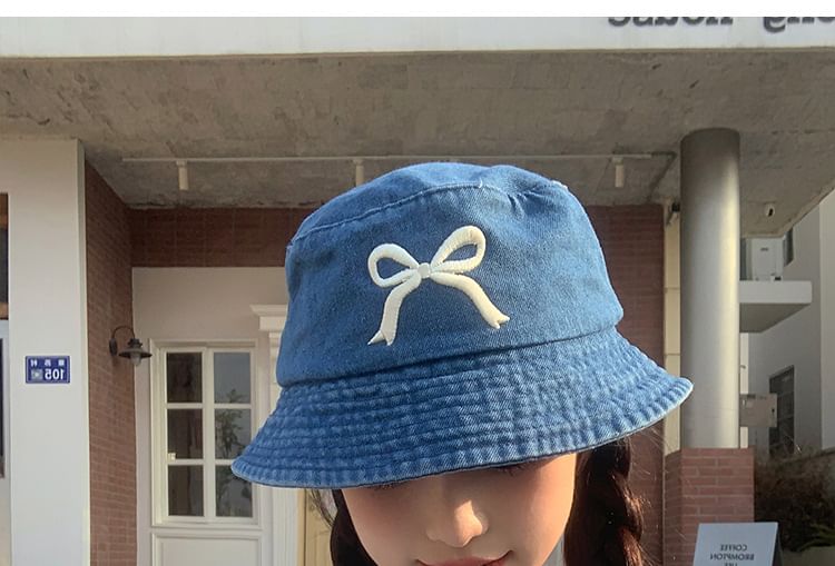 Bow Embroidered Denim Bucket Hat SpreePicky