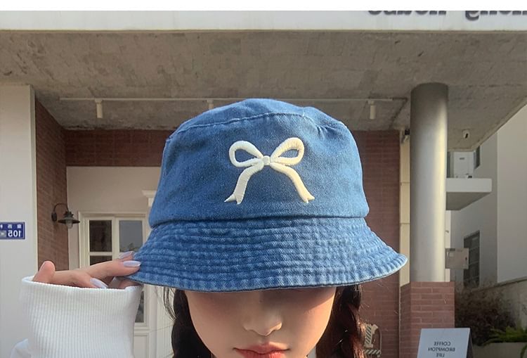 Bow Embroidered Denim Bucket Hat SpreePicky