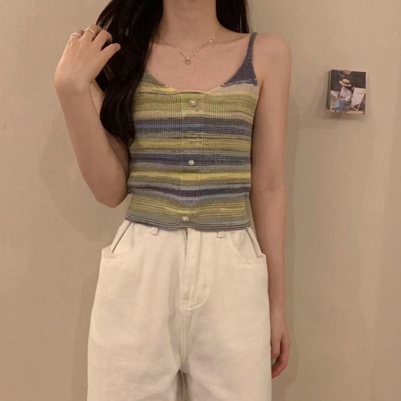 Striped Faux Pearl Button Knit Crop Camisole Top SpreePicky