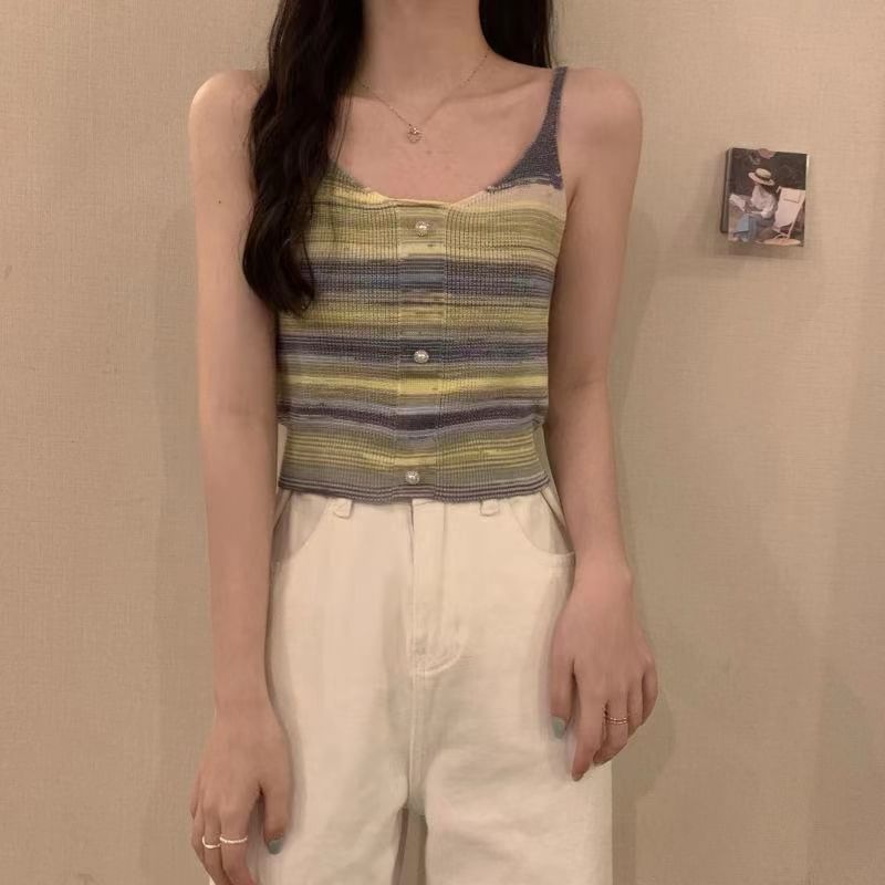 Striped Faux Pearl Button Knit Crop Camisole Top SpreePicky