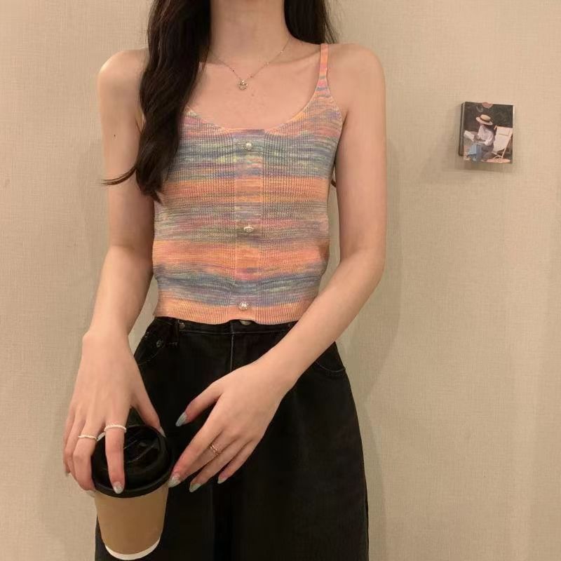 Striped Faux Pearl Button Knit Crop Camisole Top SpreePicky