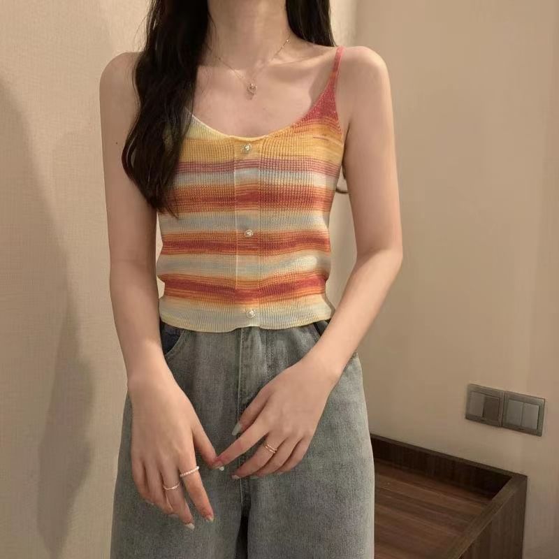 Striped Faux Pearl Button Knit Crop Camisole Top SpreePicky