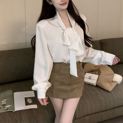 Long-Sleeve Tie-Neck Plain Blouse SpreePicky