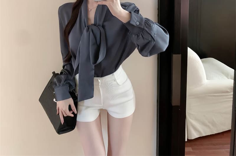 Long-Sleeve Tie-Neck Plain Blouse SpreePicky