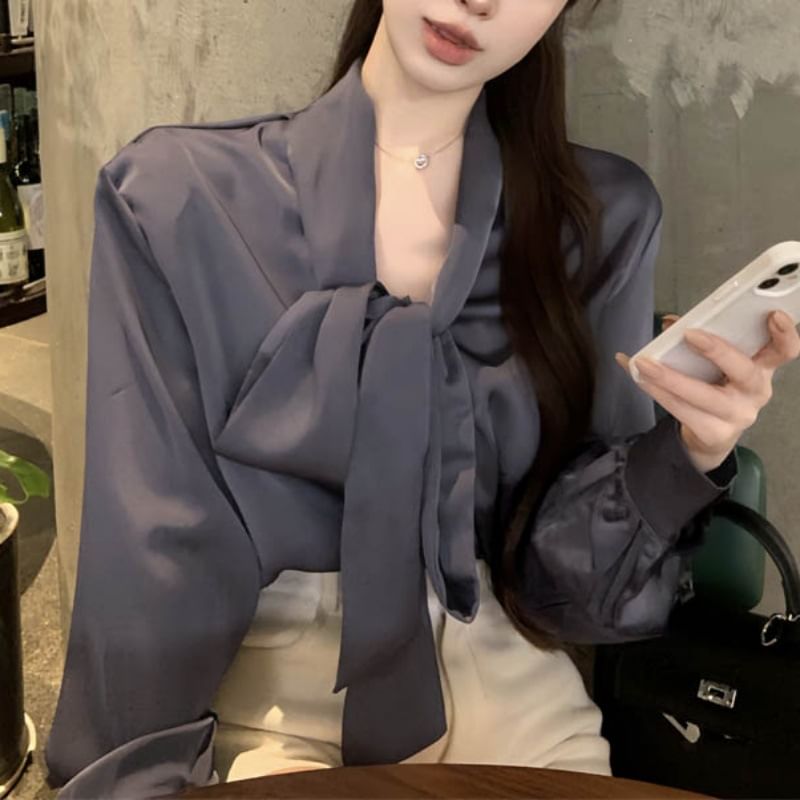 Long-Sleeve Tie-Neck Plain Blouse SpreePicky