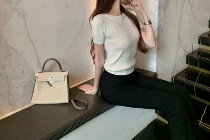 Short-Sleeve Round Neck Plain Pointelle Knit Top SpreePicky