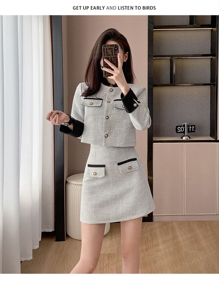 Set: Contrast Trim Crop Button Jacket + High Waist Mini A-Line Skirt SpreePicky