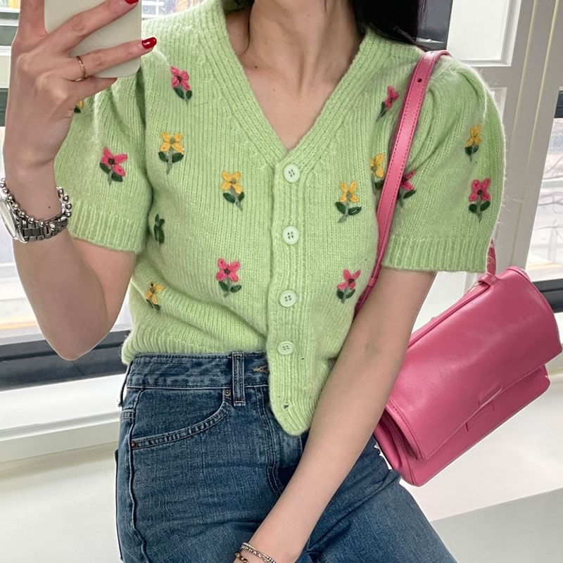 Short-Sleeve Floral Embroidered Button-Up Knit Top SpreePicky