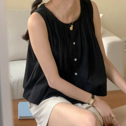 Sleeveless Plain Pintuck Button-Up Blouse SpreePicky