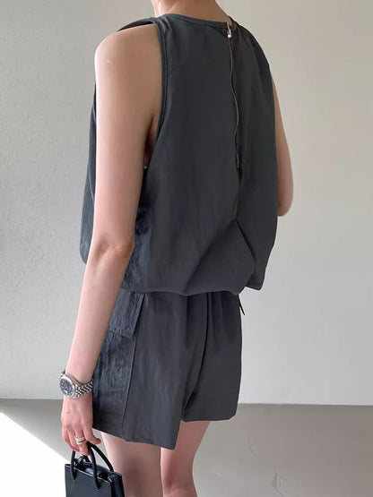 Set: Sleeveless Plain Zip Detail Top + High Waist Mini Cargo Skort SpreePicky