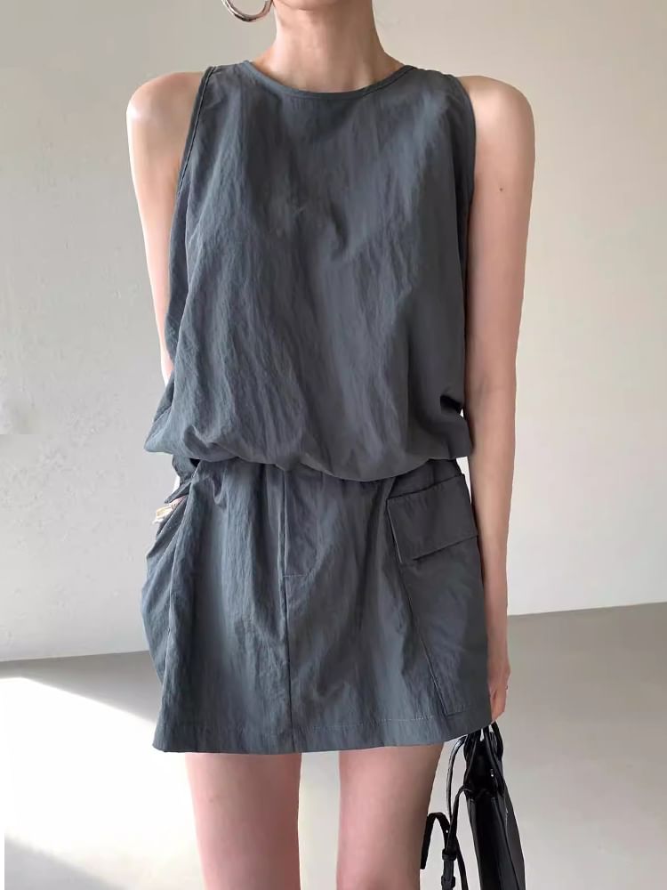 Set: Sleeveless Plain Zip Detail Top + High Waist Mini Cargo Skort SpreePicky