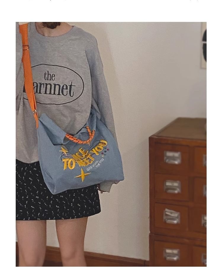 Lettering Embroidered Denim Crossbody Tote Bag SpreePicky