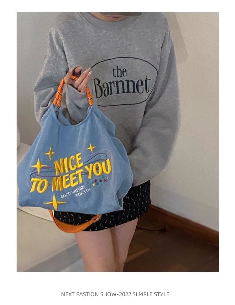 Lettering Embroidered Denim Crossbody Tote Bag SpreePicky