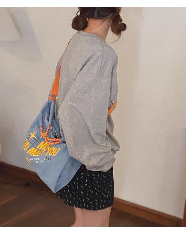 Lettering Embroidered Denim Crossbody Tote Bag SpreePicky