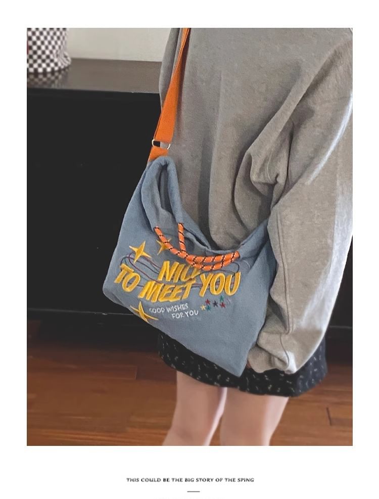 Lettering Embroidered Denim Crossbody Tote Bag SpreePicky