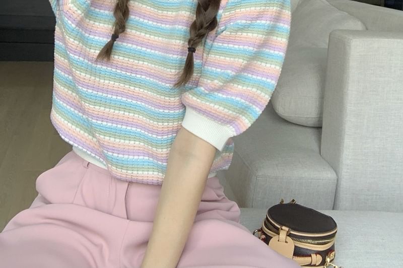 Short-Sleeve Round Neck Striped Knit Top SpreePicky