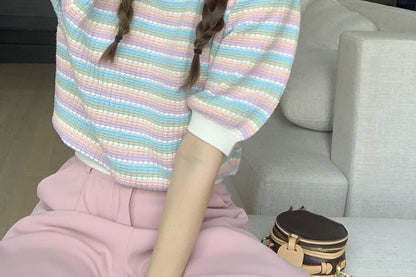 Short-Sleeve Round Neck Striped Knit Top SpreePicky