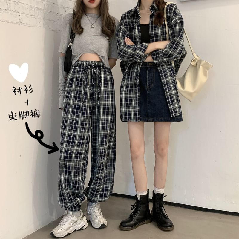 Long-Sleeve Plaid Shirt / Drawstring Waist Baggy Pants SpreePicky