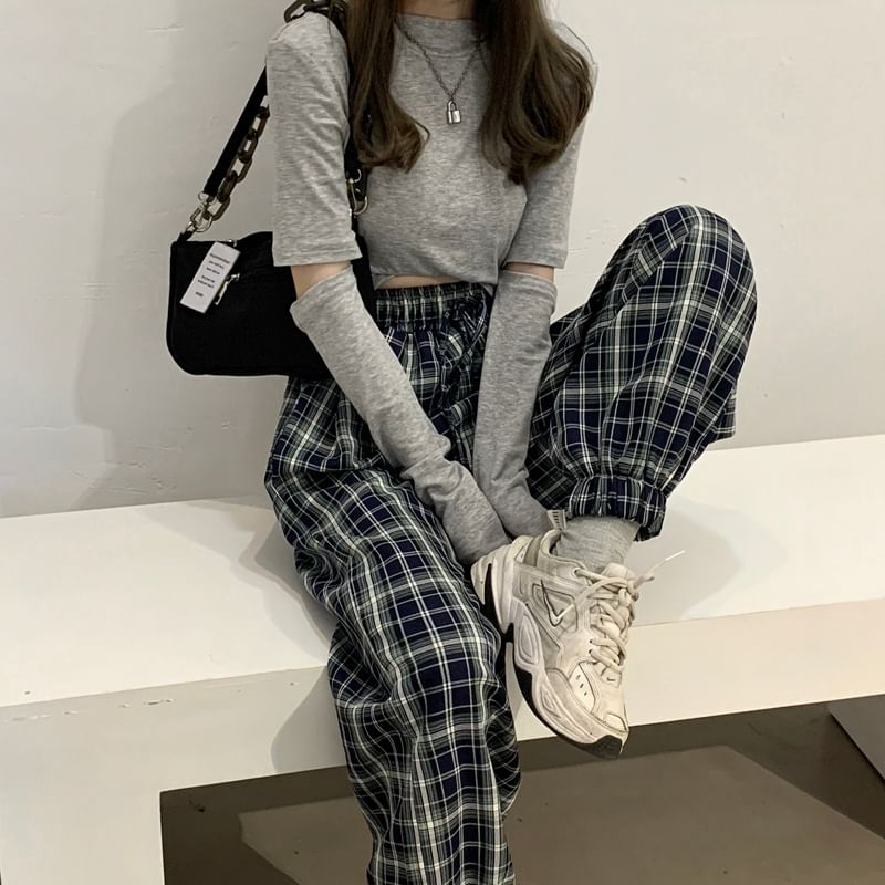 Long-Sleeve Plaid Shirt / Drawstring Waist Baggy Pants SpreePicky