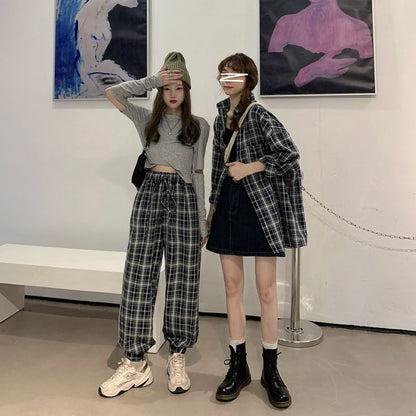 Long-Sleeve Plaid Shirt / Drawstring Waist Baggy Pants SpreePicky