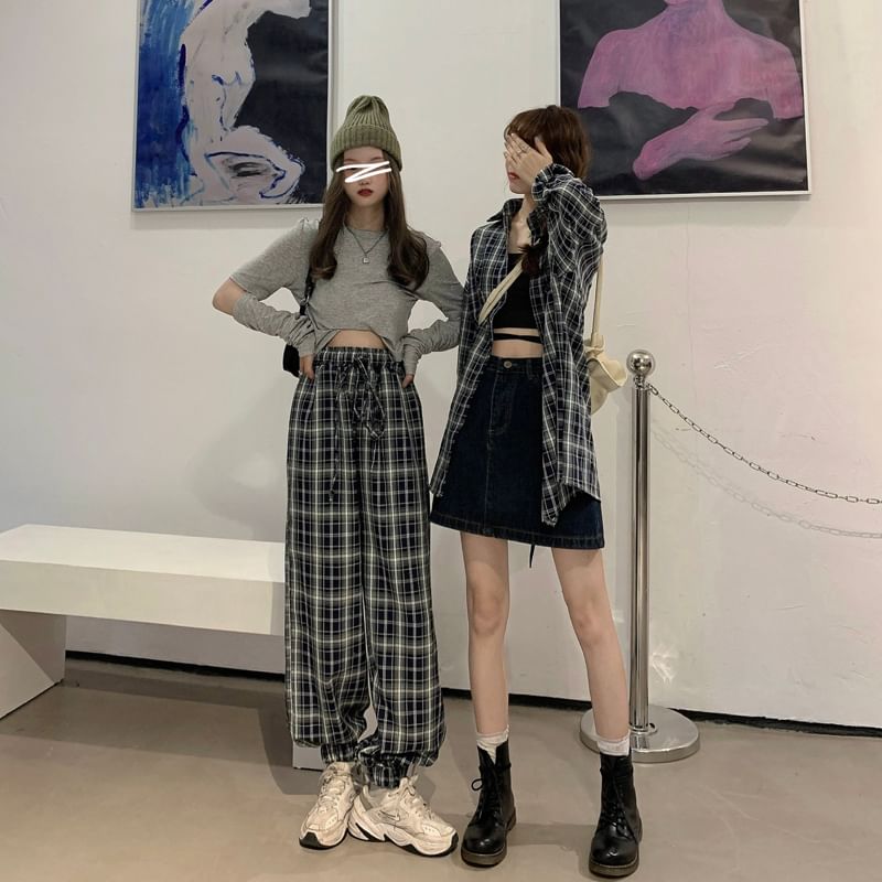 Long-Sleeve Plaid Shirt / Drawstring Waist Baggy Pants SpreePicky