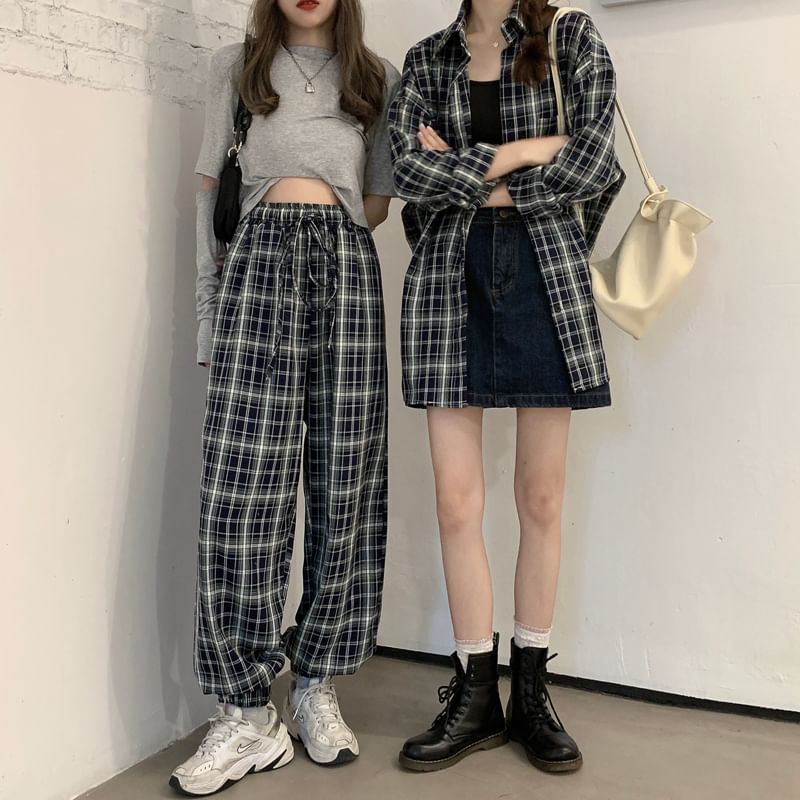 Long-Sleeve Plaid Shirt / Drawstring Waist Baggy Pants SpreePicky