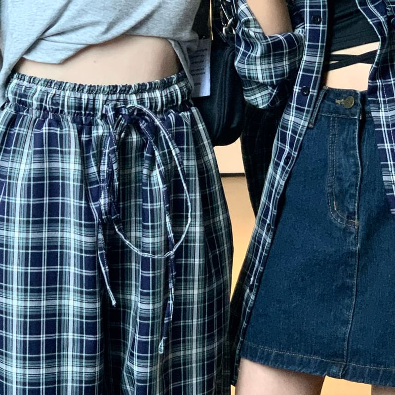 Long-Sleeve Plaid Shirt / Drawstring Waist Baggy Pants SpreePicky