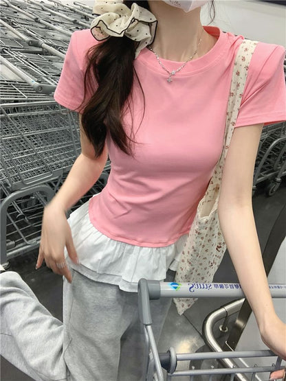 Short-Sleeve Crew Neck Peplum Slim Fit Tee SpreePicky