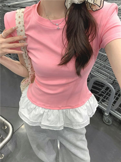 Short-Sleeve Crew Neck Peplum Slim Fit Tee SpreePicky