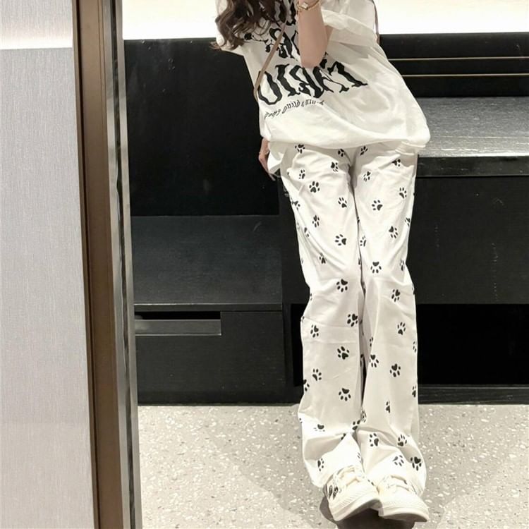 Elastic Waist Paw Print Loose Fit Pants SpreePicky