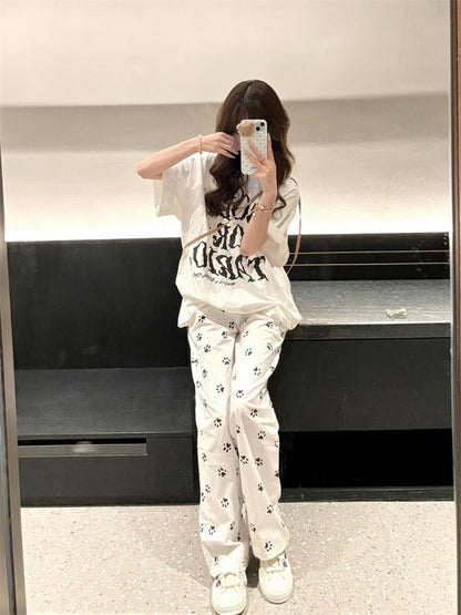 Elastic Waist Paw Print Loose Fit Pants SpreePicky